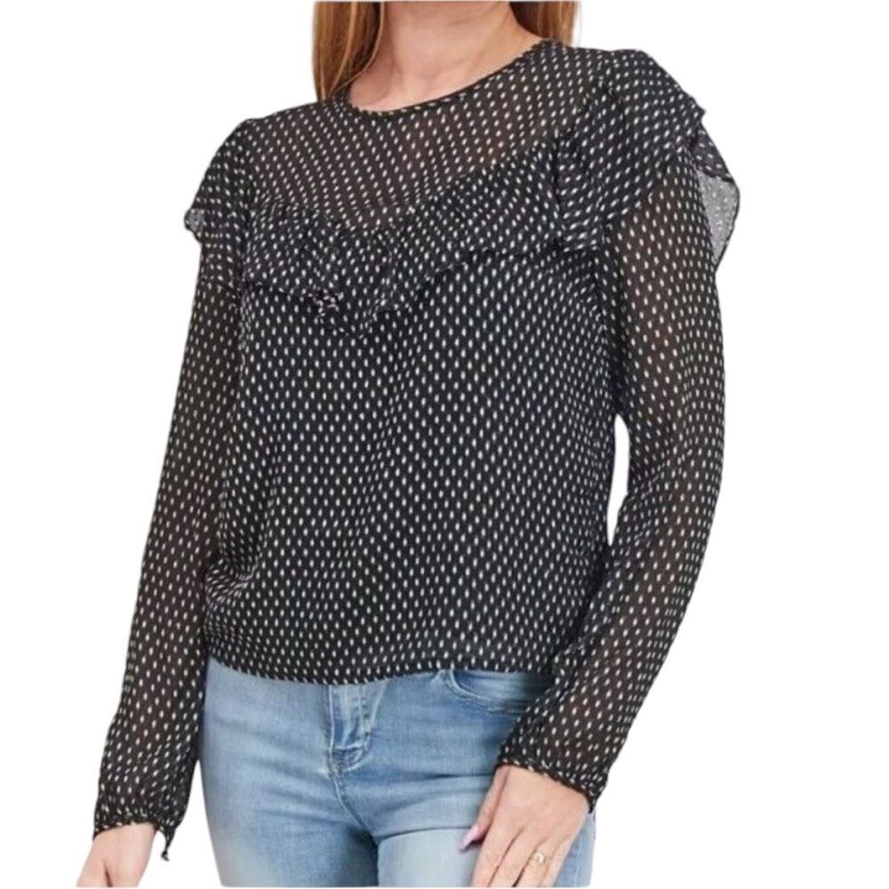 NWT Avec Les Filles Sheer Ruffle Blouse Size Medium Black & White Dot
